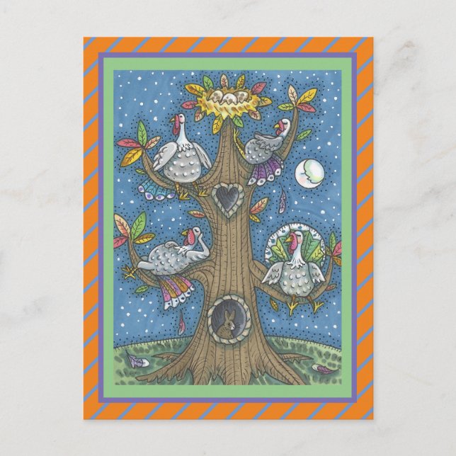 FOLK ART TURKEY TREE, THANKSGIVING GOBBLER HUMOR POSTCARD (Front)
