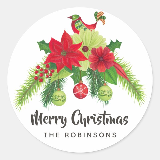 Folk Art Watercolor Floral Christmas Classic Round Sticker (Front)