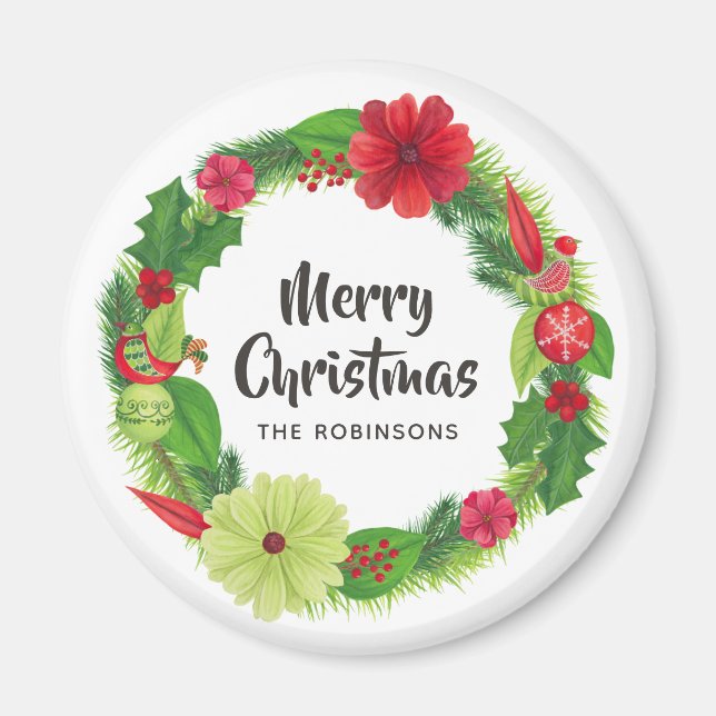 Folk Art Watercolor Floral Christmas Magnet (Front)