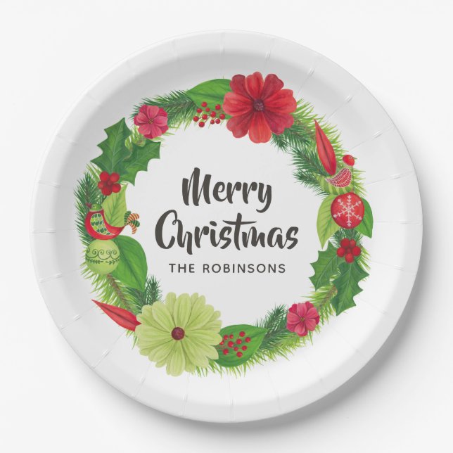Folk Art Watercolor Floral Christmas Paper Plate (Front)