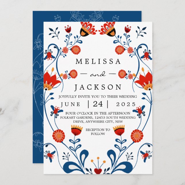 Folk Art Wedding Invitations Blue and Red (Front/Back)