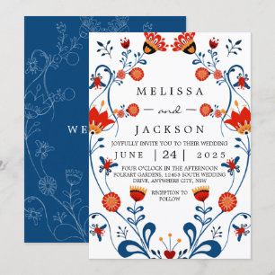 Folk Art Wedding Invitations Blue and Red