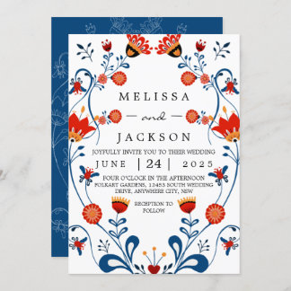Folk Art Wedding Invitations Blue and Red