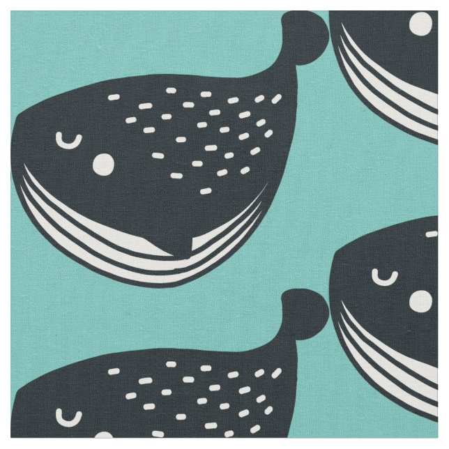Folk Art Whale on Teal Fabric (Close Up)