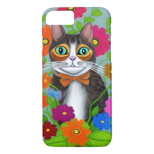 Folk Art Whimsical Cat and Flowers Case-Mate iPhone Case (Back)