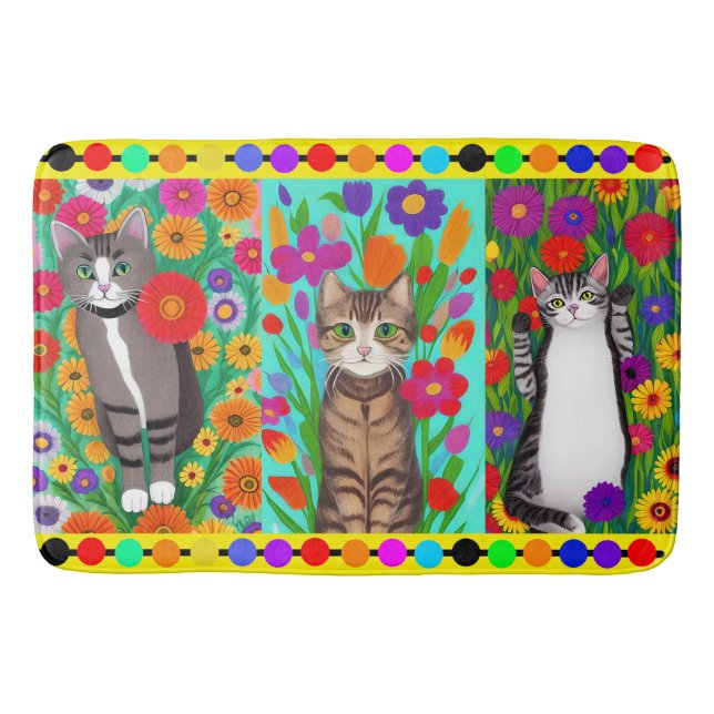 Folk Art Whimsical Style Cat and Flowers Bath Mat (Front)
