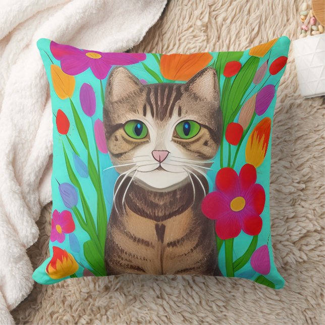 Folk Art Whimsical Style Cat and Flowers Cushion (Blanket)