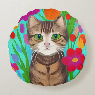 Folk Art Whimsical Style Cat and Flowers Round Cushion