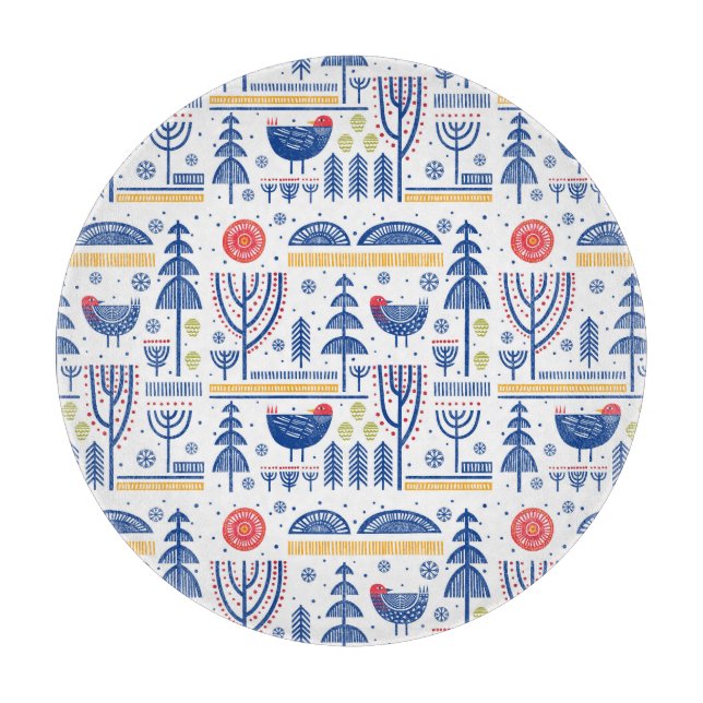 Folk Art Winter Bird Pattern Cutting Board (Front)