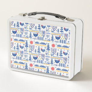 Folk Art Winter Bird Pattern Metal Lunch Box