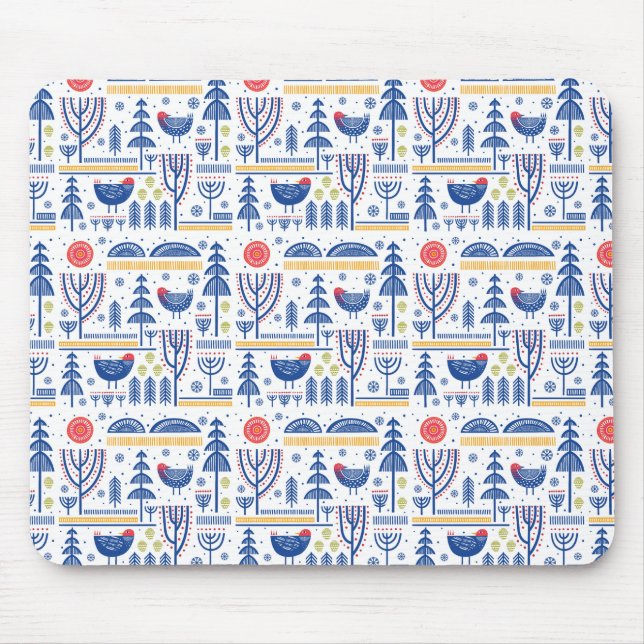 Folk Art Winter Bird Pattern Mouse Mat (Front)