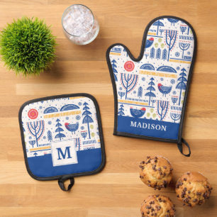 Folk Art Winter Bird Pattern Oven Mitt & Pot Holder Set
