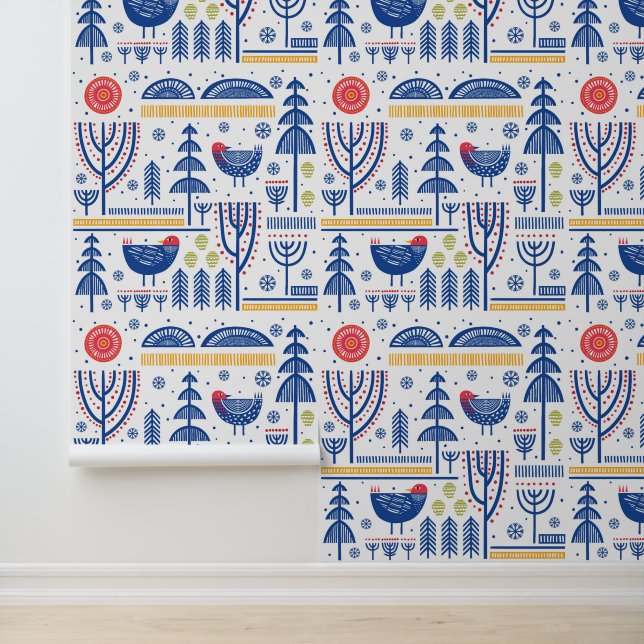Folk Art Winter Bird Pattern Wallpaper (Application)