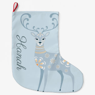 Folk Art Winter Deer Personalised Large Christmas Stocking