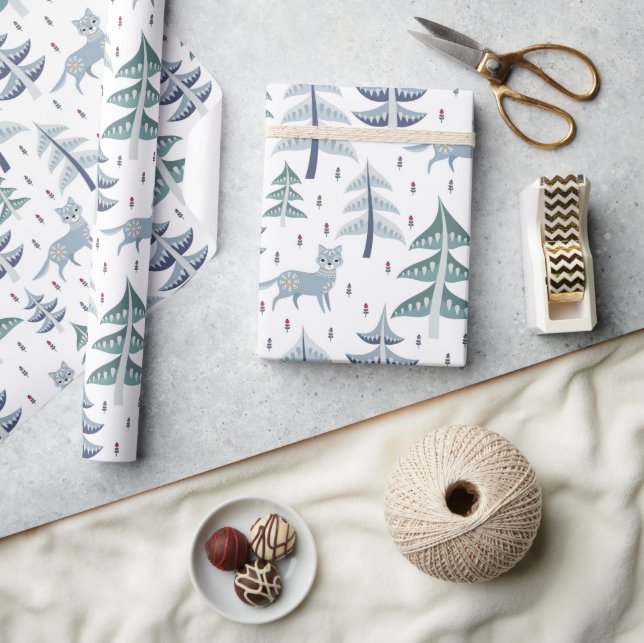 Folk Art Winter Fox & Trees Wrapping Paper (Crafts)