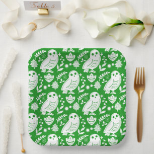 Folk Art Wise Snow Owl Green Paper Plate