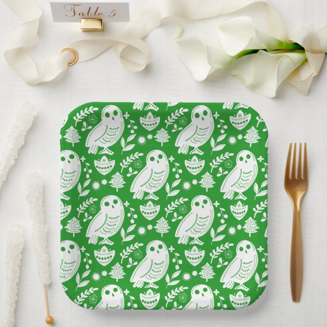 Folk Art Wise Snow Owl | Green Paper Plate (Wedding)