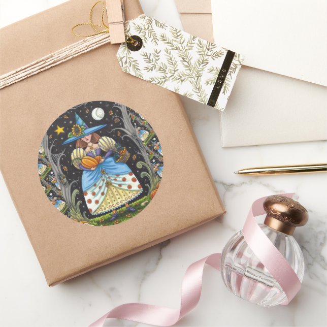 FOLK ART WITCH IN SPOOKY WOODS, BLACK CAT & OWL CLASSIC ROUND STICKER (Gifting)