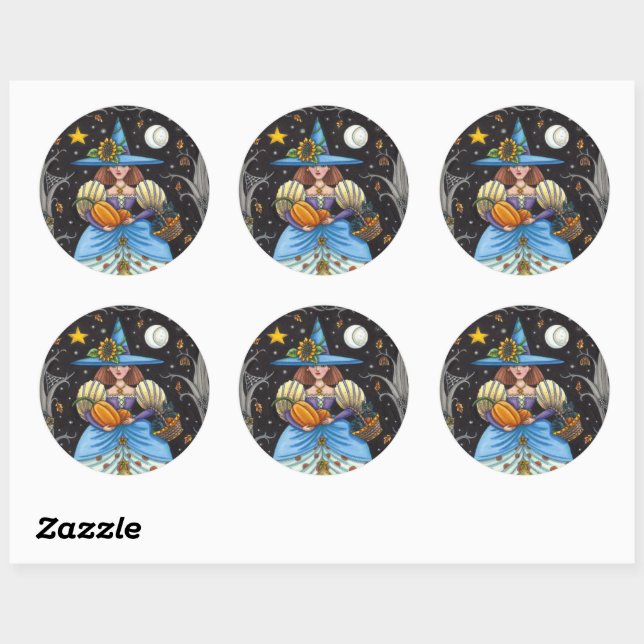 FOLK ART WITCH IN SPOOKY WOODS, BLACK CAT & OWL CLASSIC ROUND STICKER (Sheet)