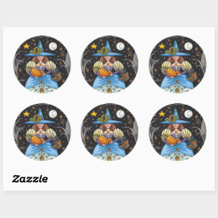FOLK ART WITCH IN SPOOKY WOODS, BLACK CAT & OWL CLASSIC ROUND STICKER