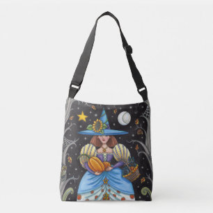 FOLK ART WITCH IN SPOOKY WOODS, BLACK CAT & OWL CROSSBODY BAG