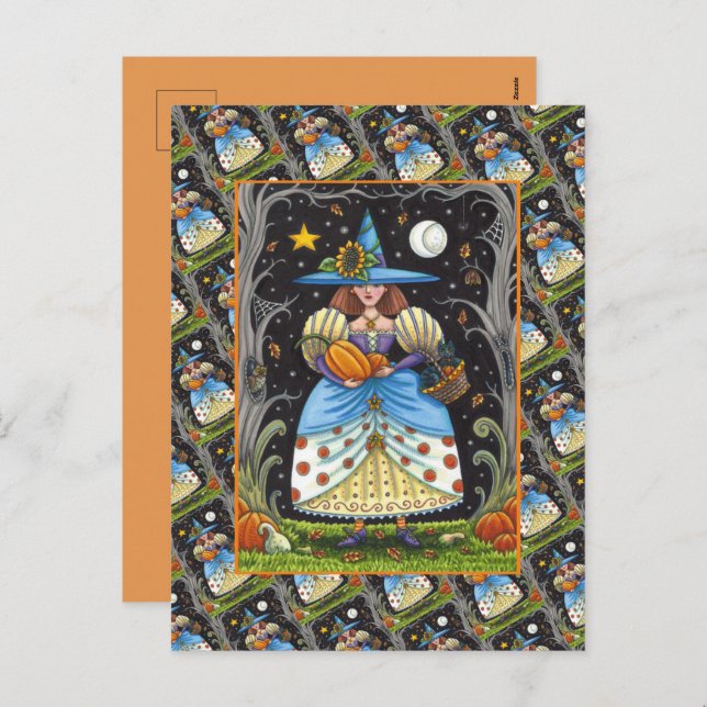 FOLK ART WITCH IN SPOOKY WOODS, BLACK CAT & OWL HOLIDAY POSTCARD (Front/Back)