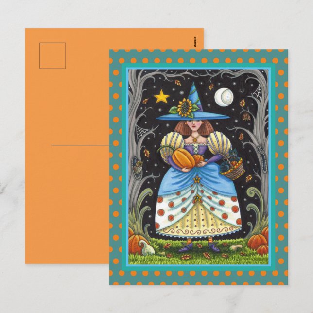 FOLK ART WITCH IN SPOOKY WOODS, BLACK CAT & OWL  HOLIDAY POSTCARD (Front/Back)