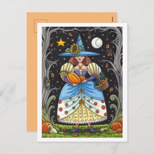 FOLK ART WITCH IN SPOOKY WOODS, BLACK CAT & OWL  HOLIDAY POSTCARD (Front/Back)