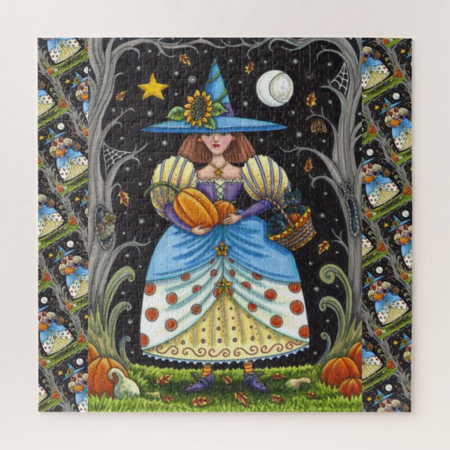 FOLK ART WITCH IN SPOOKY WOODS, BLACK CAT & OWL JIGSAW PUZZLE (Vertical)