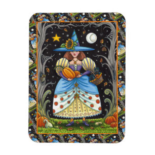 FOLK ART WITCH IN SPOOKY WOODS, BLACK CAT & OWL MAGNET