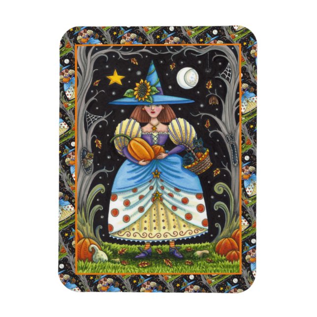 FOLK ART WITCH IN SPOOKY WOODS, BLACK CAT & OWL MAGNET (Vertical)