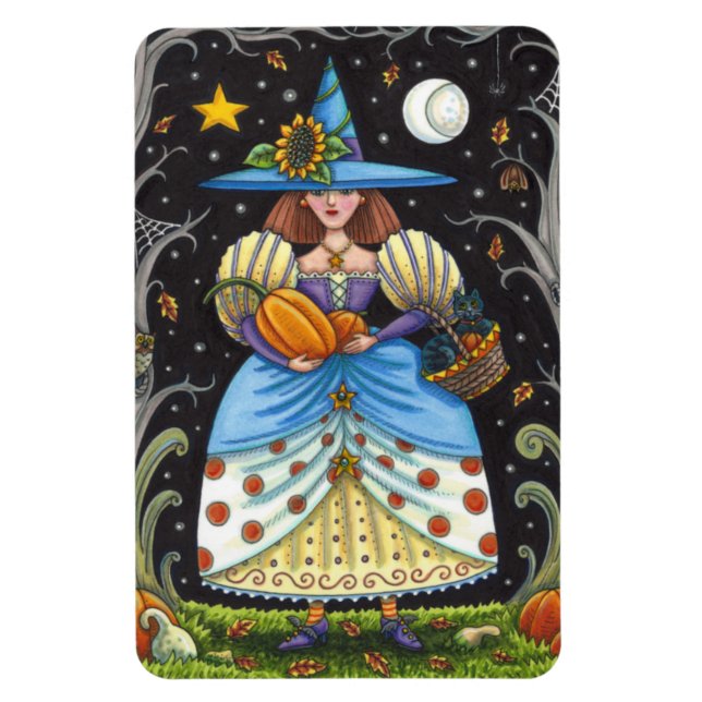 FOLK ART WITCH IN SPOOKY WOODS, BLACK CAT & OWL MAGNET (Vertical)