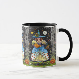 FOLK ART WITCH IN SPOOKY WOODS, BLACK CAT & OWL MUG