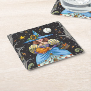 FOLK ART WITCH IN SPOOKY WOODS, BLACK CAT & OWL SQUARE PAPER COASTER