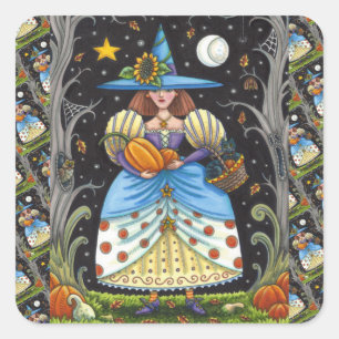 FOLK ART WITCH IN SPOOKY WOODS, BLACK CAT & OWL SQUARE STICKER