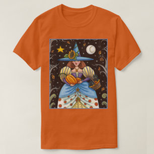 FOLK ART WITCH IN SPOOKY WOODS, BLACK CAT & OWL T-Shirt