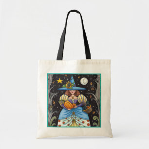 FOLK ART WITCH IN SPOOKY WOODS, BLACK CAT & OWL TOTE BAG