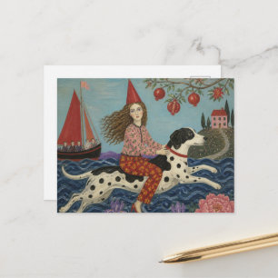 Folk Art Woman and a Dog Fantasy Postcard