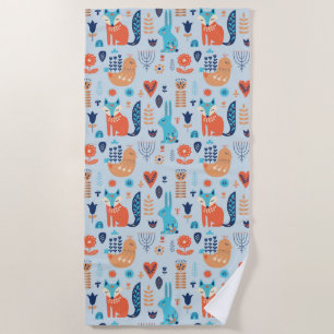 Folk Art Woodland Animal Pattern Beach Towel