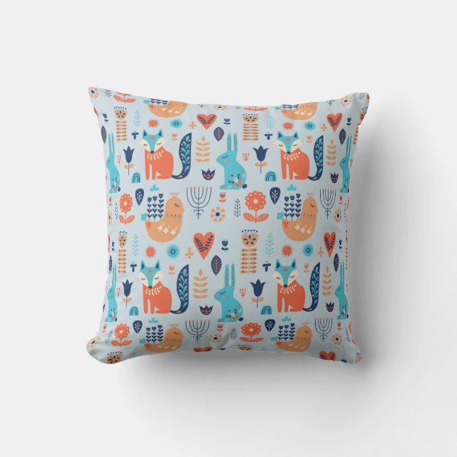 Folk Art Woodland Animal Pattern Cushion (Front)