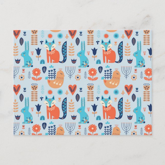 Folk Art Woodland Animal Pattern Holiday Postcard (Front)