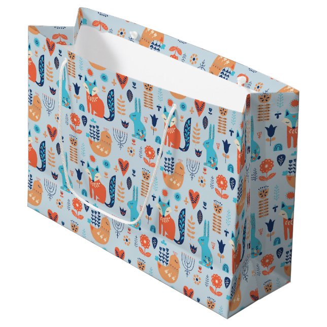 Folk Art Woodland Animal Pattern Large Gift Bag (Front Angled)