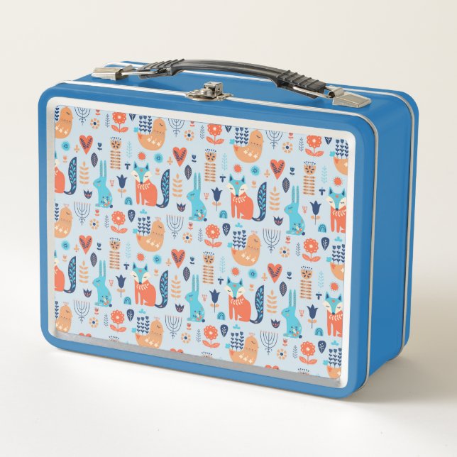 Folk Art Woodland Animal Pattern Metal Lunch Box (Front)