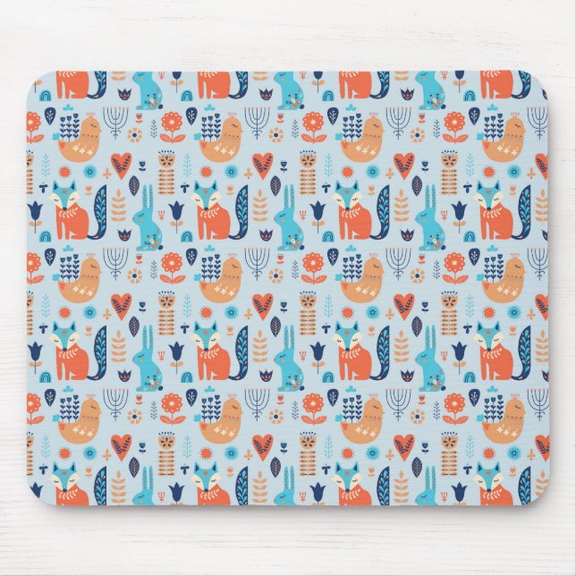Folk Art Woodland Animal Pattern Mouse Mat (Front)