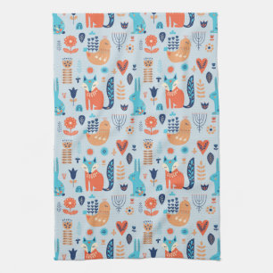 Folk Art Woodland Animal Pattern Tea Towel