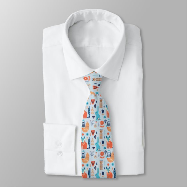 Folk Art Woodland Animal Pattern Tie (Tied)