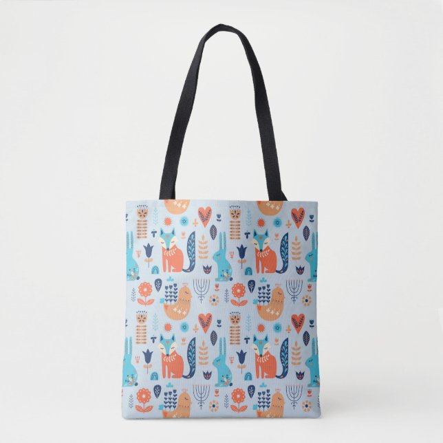 Folk Art Woodland Animal Pattern Tote Bag (Front)