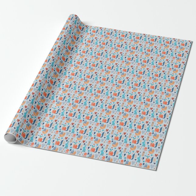 Folk Art Woodland Animal Pattern Wrapping Paper (Unrolled)