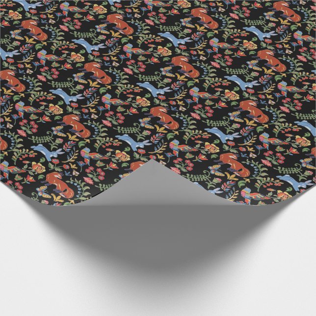 Folk Art Woodland Animals, Floral Black Fox Rabbit Wrapping Paper (Corner)