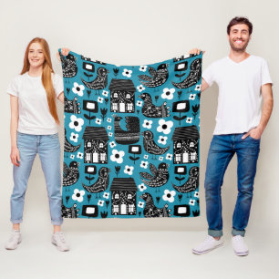 Folk Bird Blue  Throw Pillow Fleece Blanket